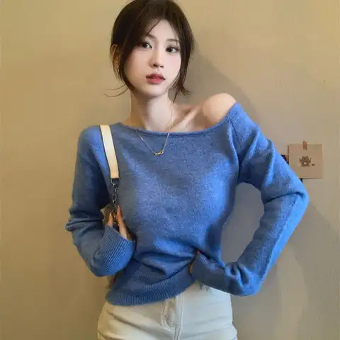 여성용 블루 불규칙 오프 숄더 스웨터 니트 스웨터 세련된 짧은 긴팔 베이스 셔츠 탑