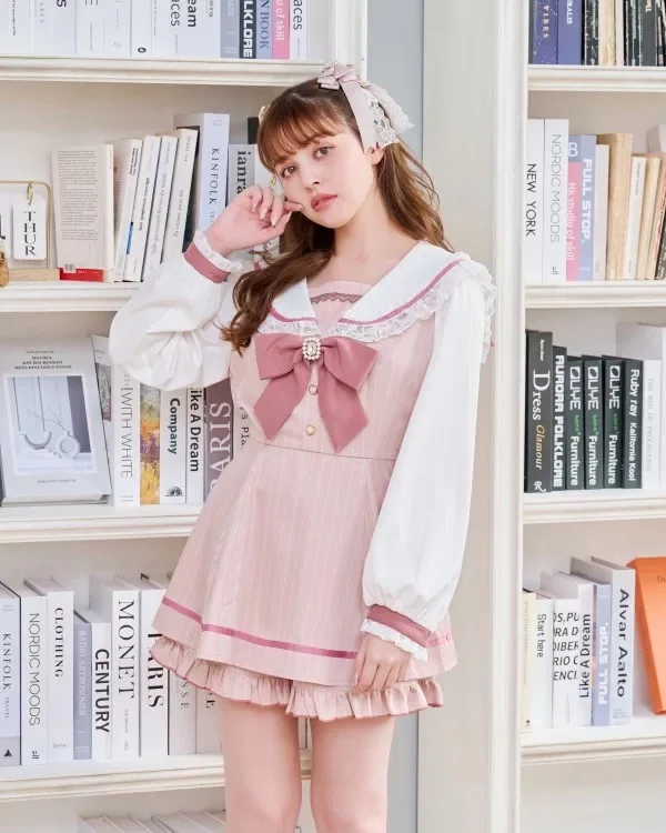 Spring Autumn Girls Two Piece Sets Japanese Style Lolita Outifts Mass-produced Sweet Sailor Suit Women's Dress with Shorts Set