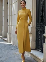 Freeacy Women's Yellow Mandarin Collar Diagonal Long Sleeve Buttoned Maxi Dress for Wedding Guest 2026 Luxury Office Dress - Image 4