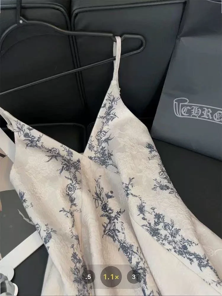 여성을위한 빈티지 프린트 캐미스 옷 한국어 우아한 스파게티 스트랩 민소매 미디 드레스 여름 캐주얼 비치 파티 베스 티드