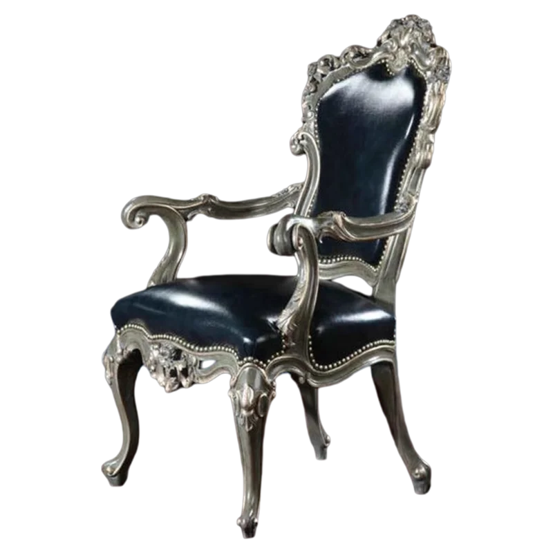 European classical restaurant furniture, solid wood carving flower leather copper nails, leather book chair, villa dining chair