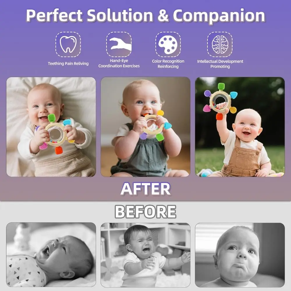 BPA Free Baby Teething Rings Silicone Chew Soothing Baby Rattle Teether Relief Design Soothing Sore Gums Sensory Toys