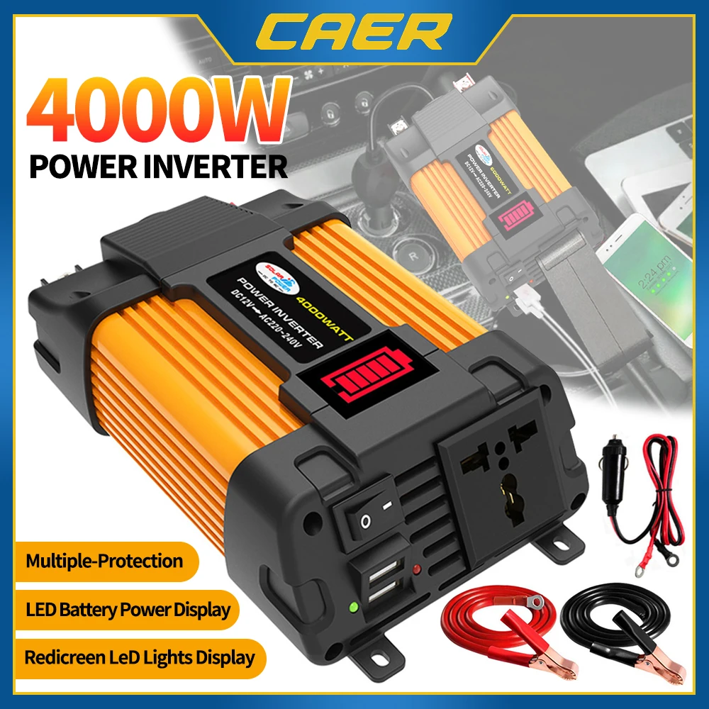 Car Power Inverter 4000W LED Voltage Capacity Display Transformer Converter 12V to 110/220V Dual USB Inverter for Car Appliances