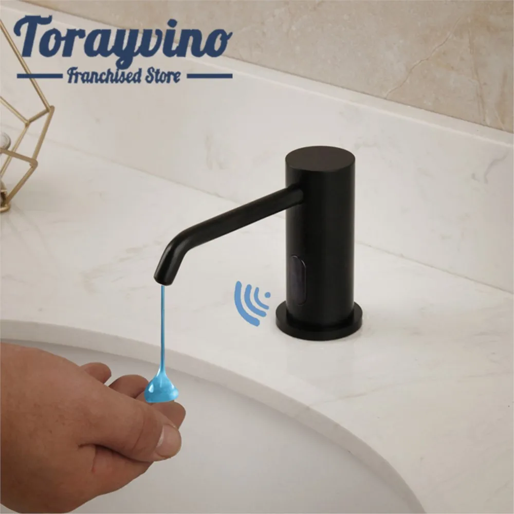 

Torayvino Sensor Soap Dispenser for Kitchen & Bathroom Black Thin Spray Soap Lquid Brass Deck Mount Metal Liquid Soap Dispensers