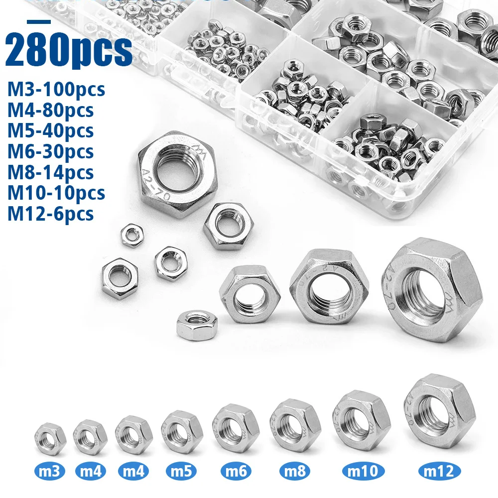 Set da 280 pezzi di dadi esagonali in acciaio inossidabile M3M4M5M6M8M10M12, accessori per attrezzature industriali, manutenzione di strutture domestiche.