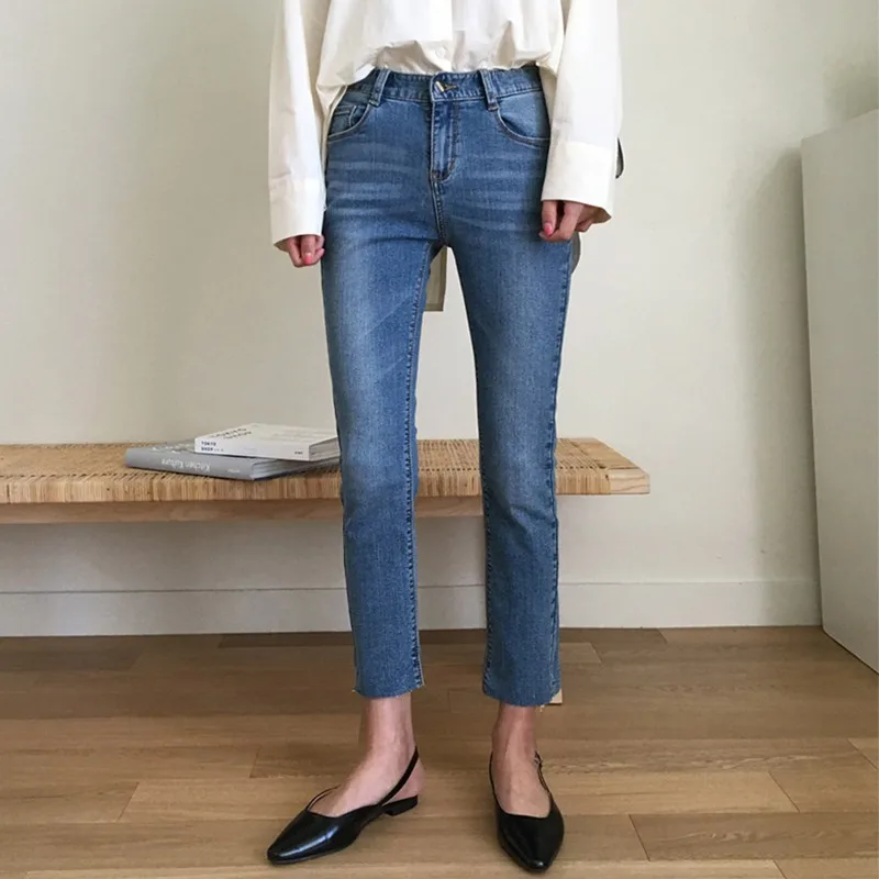 Casual Korean Sle Women's Jeans Elastic Slim Fit Summer Vintage High Waist Straight Leg Cotton Stretch Denim Pants