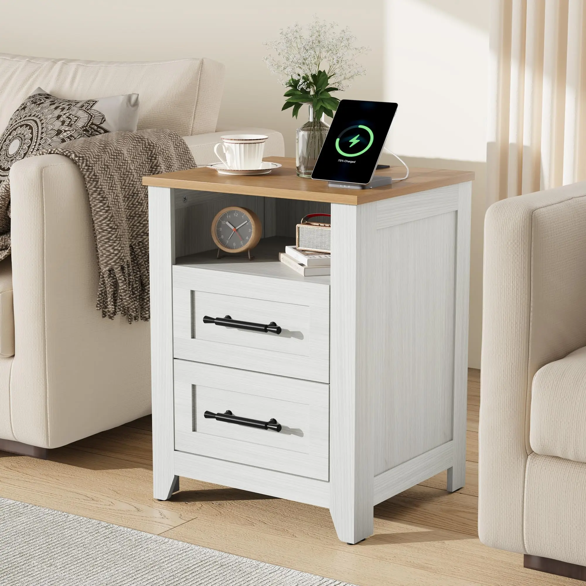 Farmhouse Nightstand With 2 Drawers And Open Compartment Side Table With Charging Station End Table With Storage Shelf For Bedroom Living Room Color Blocking 1PCS