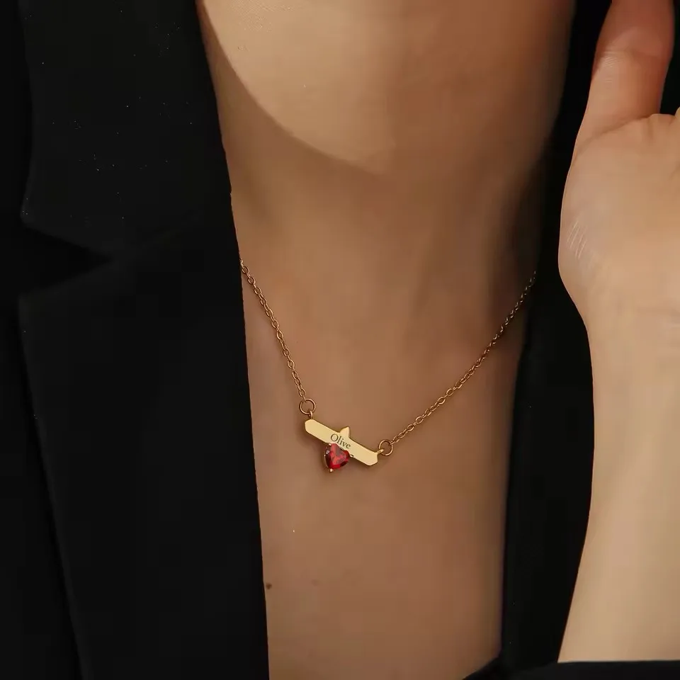 مجوهرات من صلب لا يصدأ هدية عيد ميلاد للنساء اسم شخصي قلادة القلب جوهرة الميلاد قلادة أفقية اسم مخصص #3