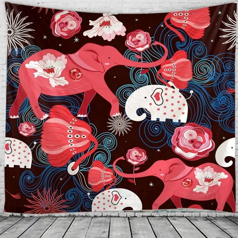 VIKAMA Pink Elephant Floral Black Tapestry Wall Hanging, 6 Designs, Wall Decor for Bedroom Living Room Dorm
