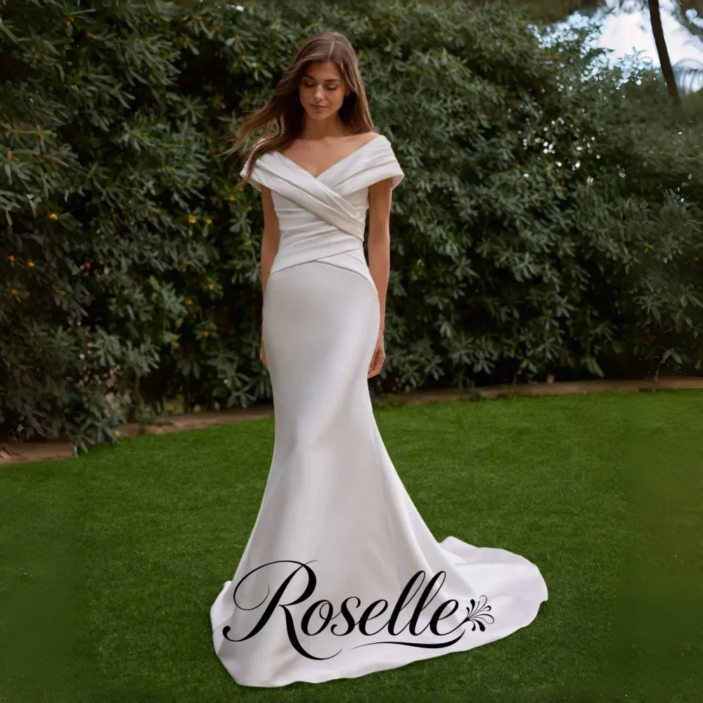 ROSELLE V-Neck Off Shoulder Pleat Mermaid Wedding Dress Open Back Sweep Train Elegant 2026 Bridal Customized свадебное платьеl
