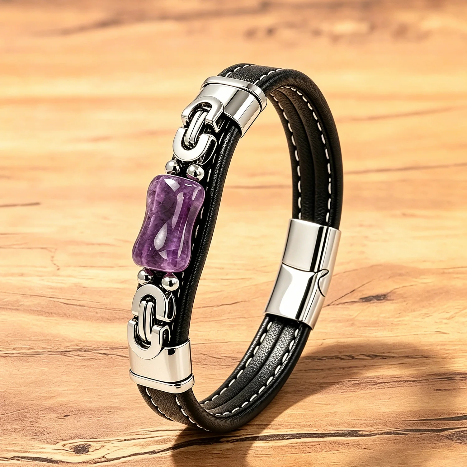 Vintage Punk-Rock Lederarmband für Männer, 8 Stile mit Natursteinperlen, Biker Casual Alltagsschmuck für Männer – Detail 2
