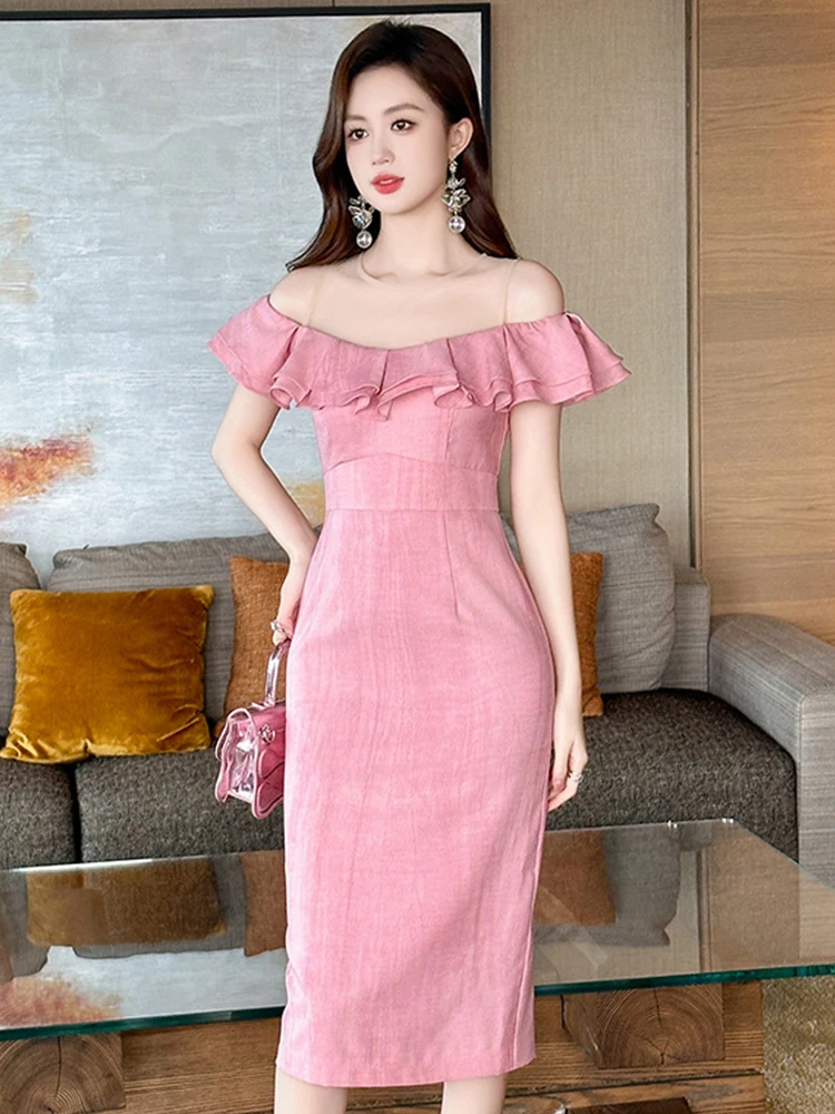 Ropa de mujer ocasión Formal Rosa transparente Sexy fuera del hombro vestido de tubo delgado elegante fiesta de noche Vestidos de cumpleaños Chic Casual