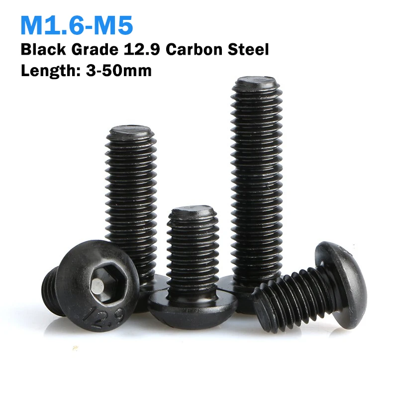 Black 12.9 Grade Carbon Steel Allen Round Screw Bolt M1.6 M2 M2.5 M3 M4 M5 Hex Socket screw Button Head Allen Bolt Screws