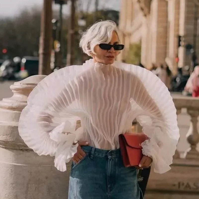 

New Fashion Women Tops Puff Sleeves vetement femme White Top Blouse Pleated Custom Made haut femme élégant