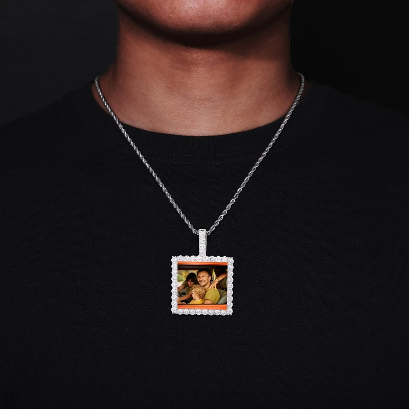 Customized Necklaces Circle Chain Picture Personalized Brass Zircon Memory Pendant with Photo Square Design Gift for Men Women view 4