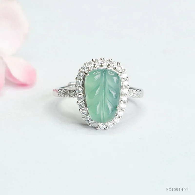

Natural Grade A Blue Water Ice Jadeite Leaf Ring Exquisite Design Fashion Jewelry for Women Premium Jade Gemstone Jewelry Gift
