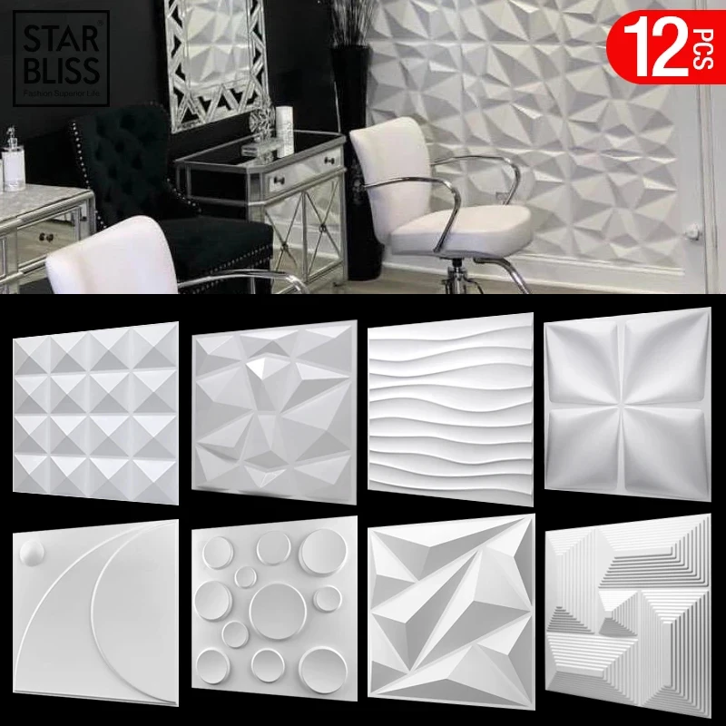 12 Pcs Decorative 3D Wall Panels in Diamond Design Matt White Wallpaper Mural Tile-Panel-Mold 3D wall stickers bathroom kitchen