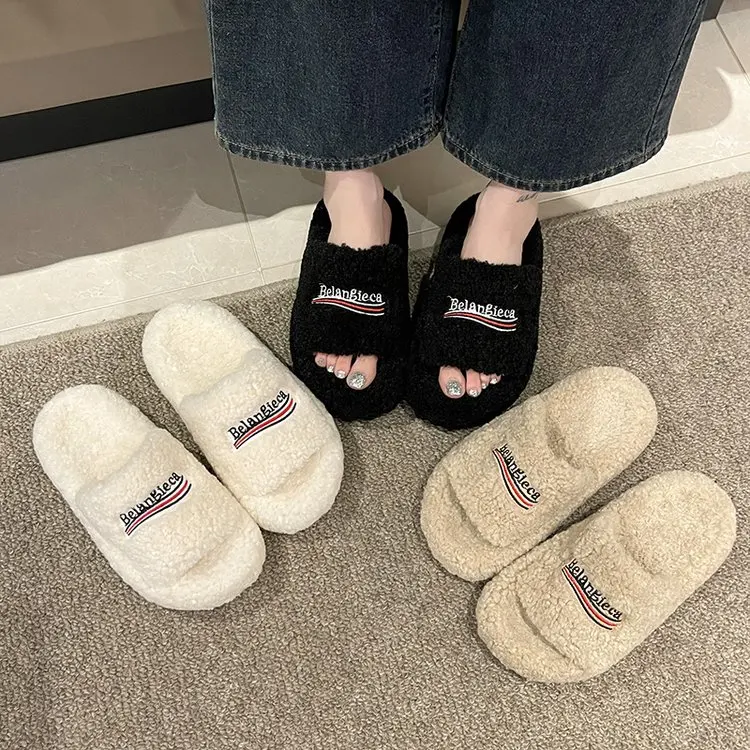 House Slippers Platform Fur Shoes Slides Med Slipers Women Flock Soft Plush Flat 2024 Fabric Rome Basic Rubber PU Female Shoes P