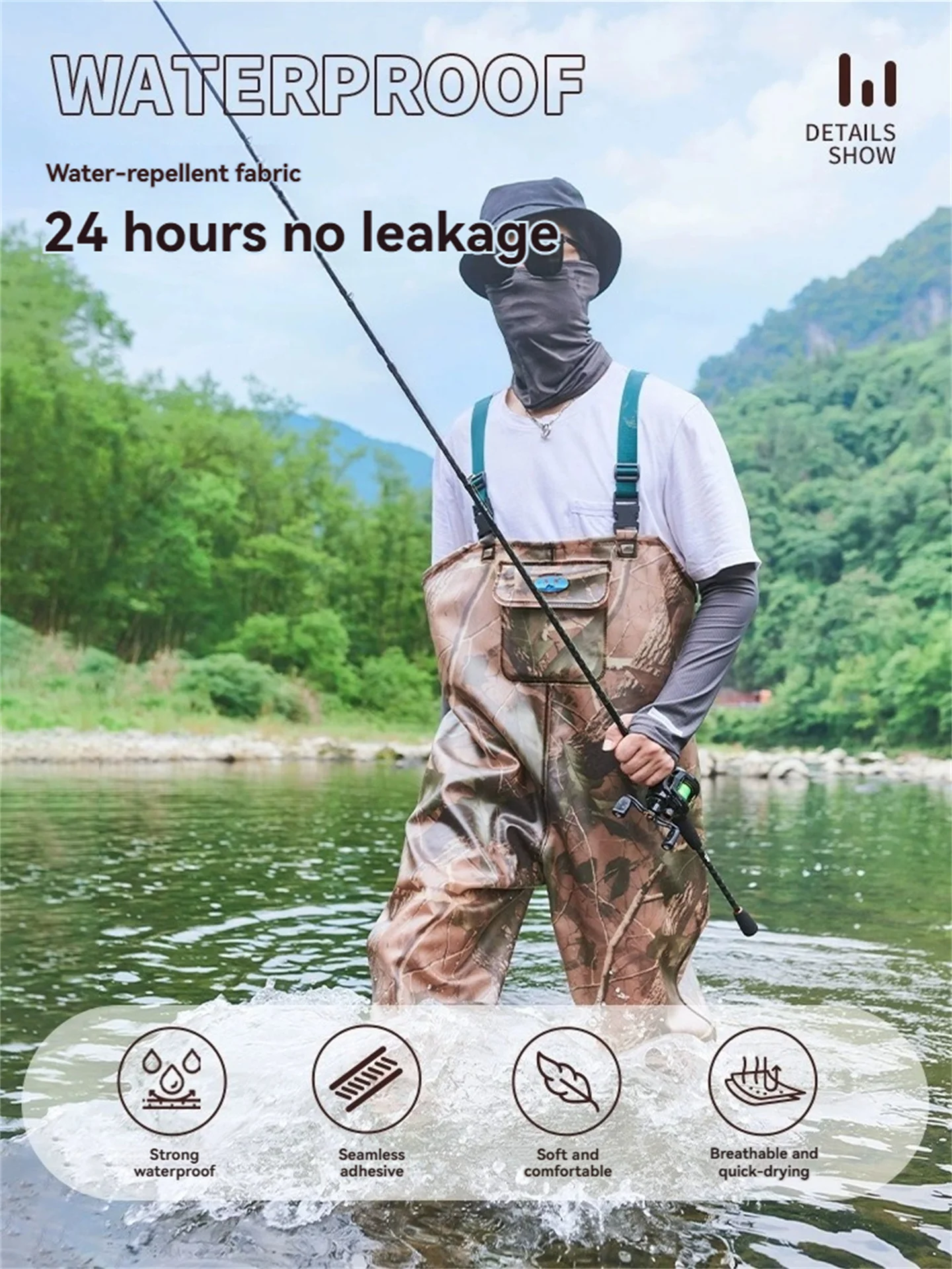 Big Leaf Camouflage PVC Fishing Wading Pants with Boots - Waterproof Seamless Chest Waders for Hunting And Comfortable Overalls
