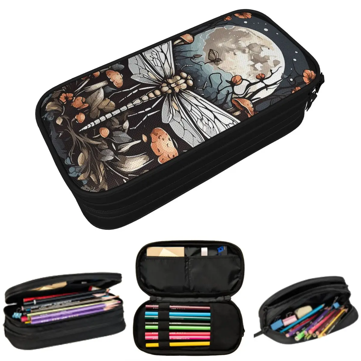 

Dragonfly With Mushrooms And Flowers Pencil Case for Kids School Pen Box Pencil Bag Stationery Supplies Pen Holder Bag