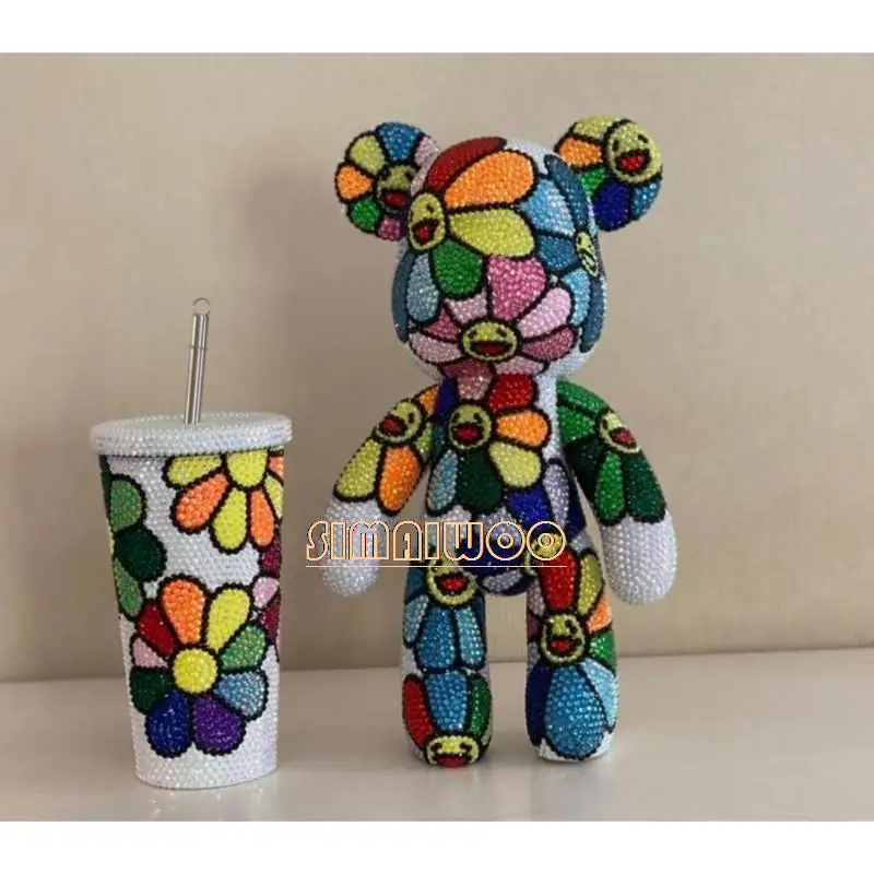 Handmade Rhinestone Flower Bear Creative Crystal Statue Bling-bling DIY Birthday Surprise Gift Home Decoration