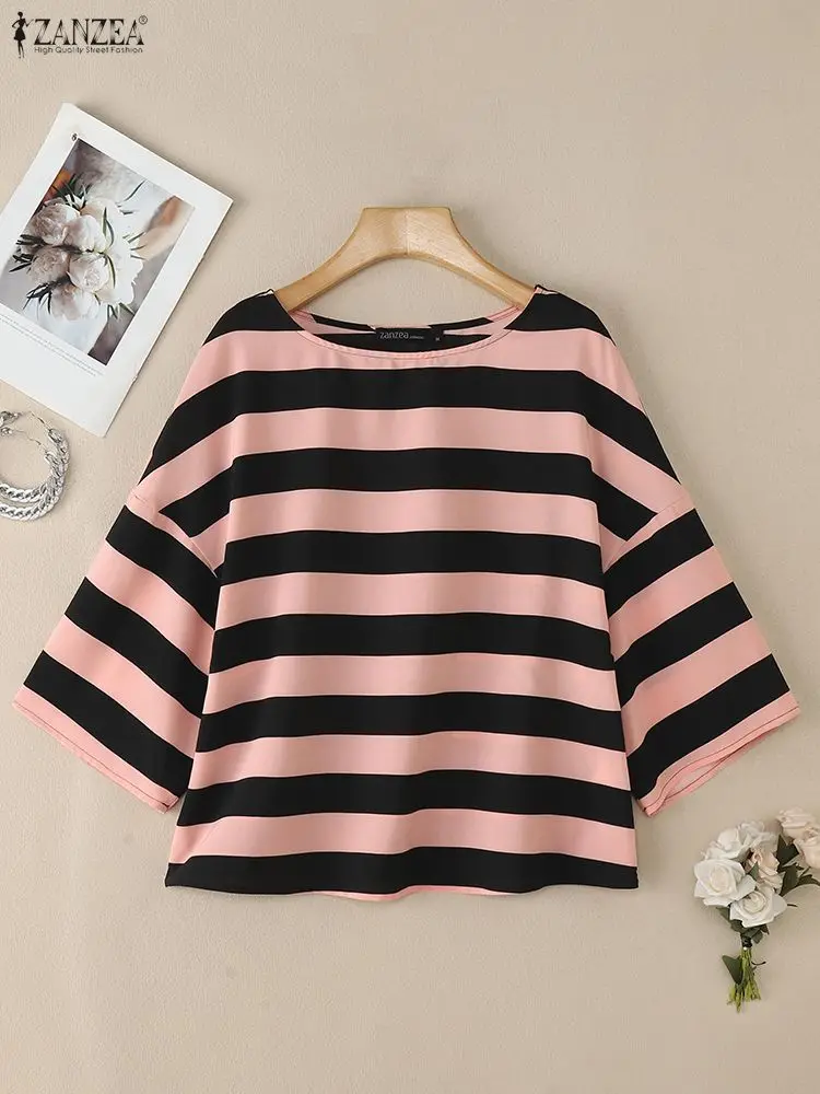 

Women Contrast-Color Striped Blouses Casual Boatneck Drop-Shoulder 3/4 Sleeve Loose Oversize Tops ZANZEA Woman Clothes S-3XL