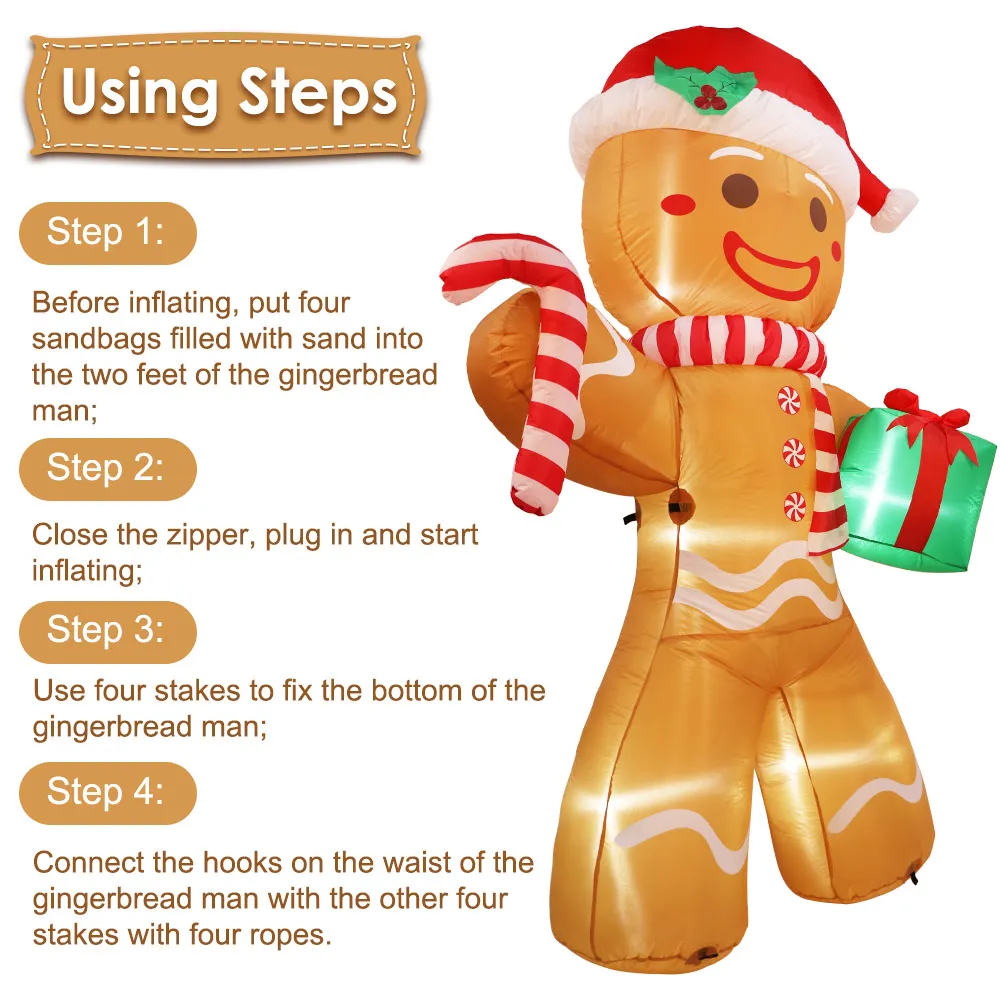 Christmas Inflatables Gingerbread Man 8ft Giant Outdoor Decorations Xmas Inflatable Yard Decorations with LED Lights for Lawn