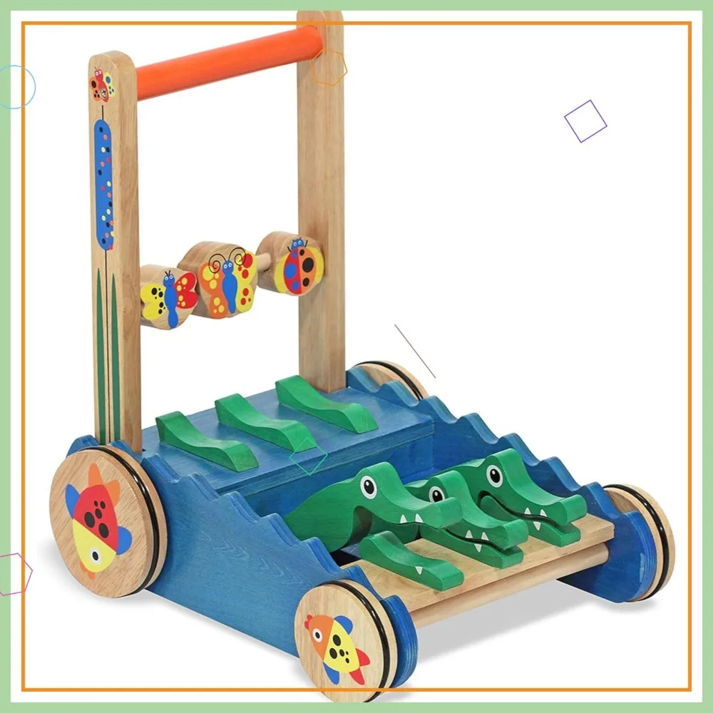 

Deluxe Wooden Alligator Push Toy with Chomping Action, Spinning Beads & Rolling Fish for Toddlers 12-24 Months