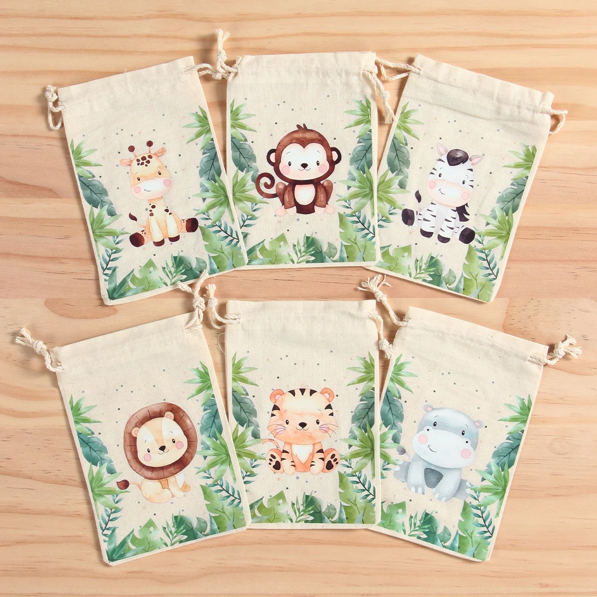 6pcs Jungle Animal Candy Bag Drawstring Birthday Party Wedding Decor Kids Wild One Party Decor Baby Shower Sack Gift Packing Bag