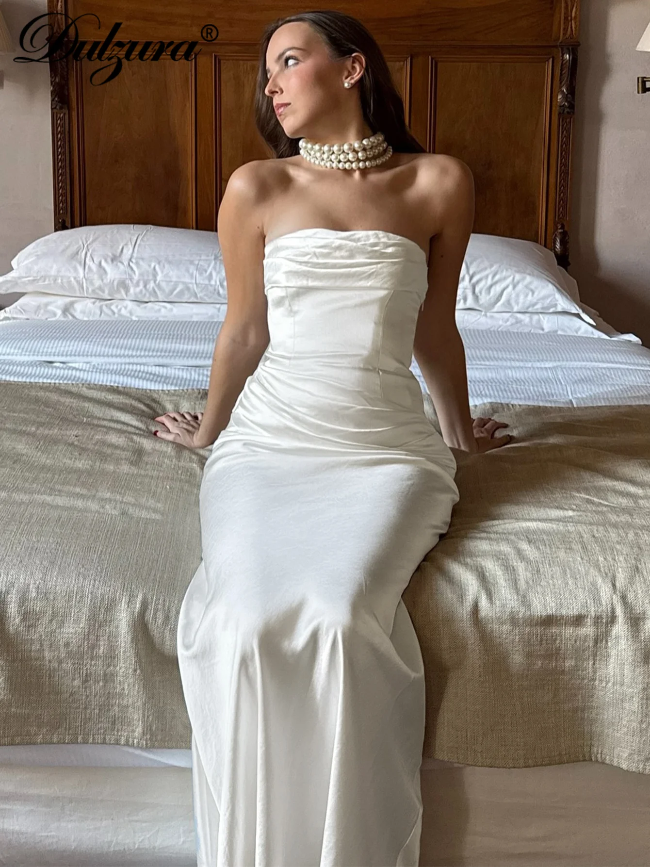 เดรสยาวผ้าซาตินรัดรูปทรงเข้ารูป ซิปหลัง ผ้ารัช ดีไซน์เซ็กซี่หรูหรา เหมาะสำหรับงานปาร์ตี้ คลับ งานพรอม เสื้อผ้าฤดูร้อน