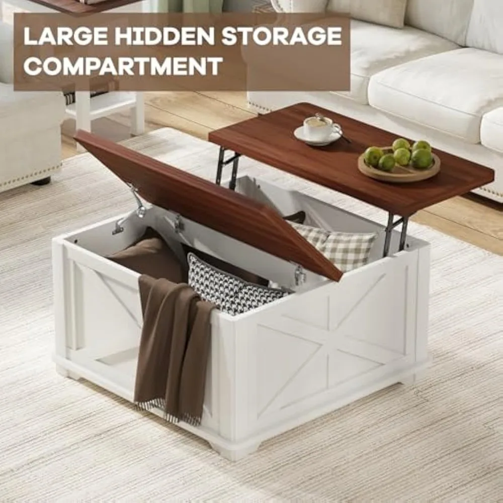 Farmhouse Coffee Table with Hydraulic Lifter, Square Coffee Table with Large Hidden Storage Compartment for Living Room