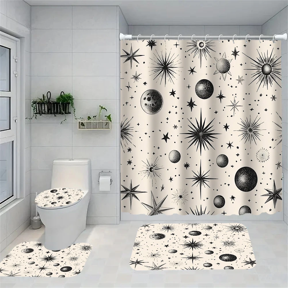 ستائر دش 1/4 ستار بلانيت، ديكور مقعد المرحاض، ستارة دش مع سجادة وغطاء للمرحاض، 70.8 × 70.8 بوصة