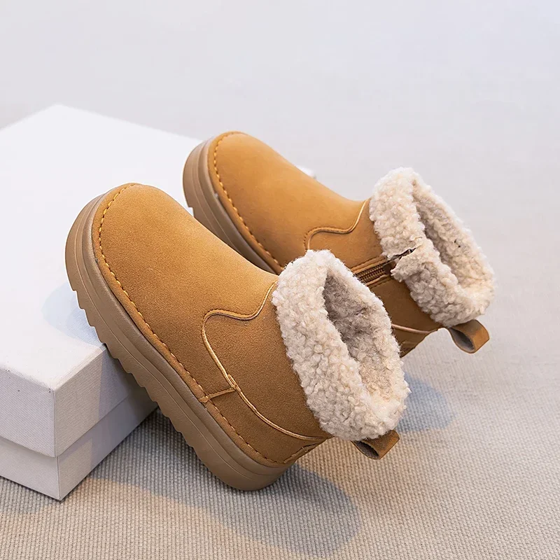 Kids Faux‑Suede Winter Ankle Boots, Sherpa Cuff Inner Zipper Pull‑Tab Plush‑Lined Thick‑Sole Snow Boots