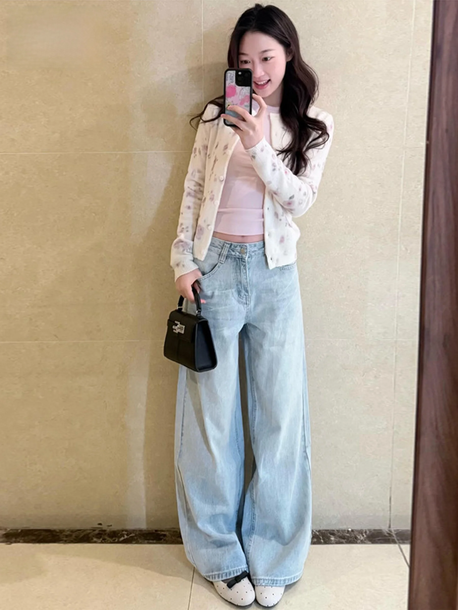 

Light Blue Distressed Wide Leg Denim Jeans Women's Summer Hot Girl Loose High Waist Straight Leg Pants American Style Casual