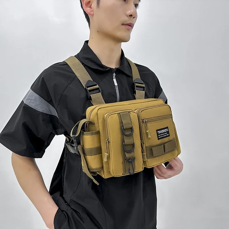 Outdoor Tactical Vest Backpacks Riding Chest Rig Bag Multiple Pockets Oxford Fabric Waist Packs With Water Bottle Pocket Black