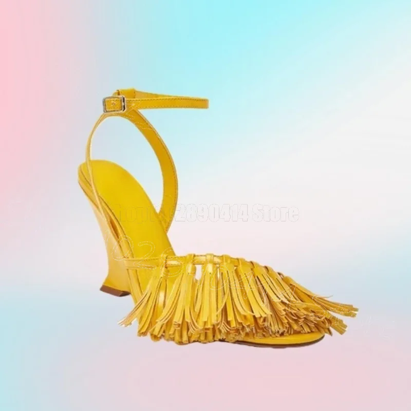 

Yellow Tassels Strange Style Heels Sandals Buckle Strap Women Shoes Open Toe Fashion Party Feast Dating 2026 Zapatos Para Mujere