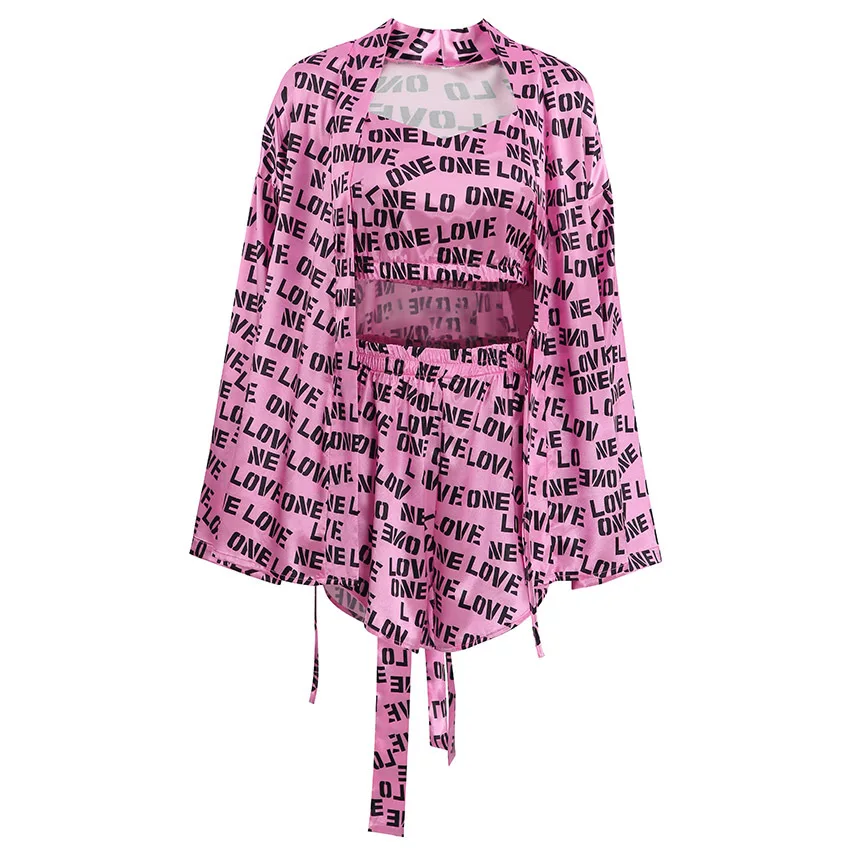 2023 Summer New Fashion Cardigan Printed Pajamas Nightgown Casual Three-piece Set Ladies Home Clothes