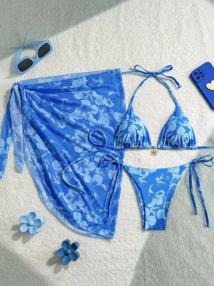 

Swim 3pcs/Set Women Summer Random Print Halter Neck Beach Dress With Tie Front Vintage Vacation Bikini Swimwear Set
