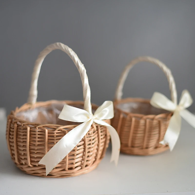 Cesta de flores de mimbre, cestas de Picnic con mango de perla y cesta de lazo, cesta de mimbre tejida a mano, cestas para plantas y flores, decoración del banquete de boda