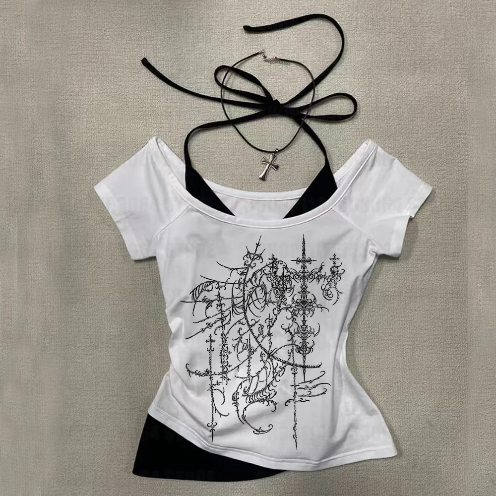 

2k Эстетические миллиали Ретро Холтер Футболки с короткими рукавами Гранж Хай-стрит Женская одежда Винтаж Поддельные две печати Harajuku