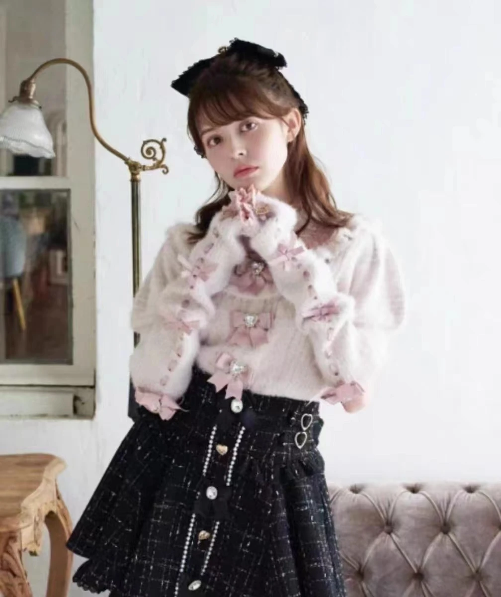 

Sweater Japanese Style Cute Sweet Detachable Bowknot Furry Oversleeve Slim Sweater Winter Lolita Girl Female Knit Sweater Top