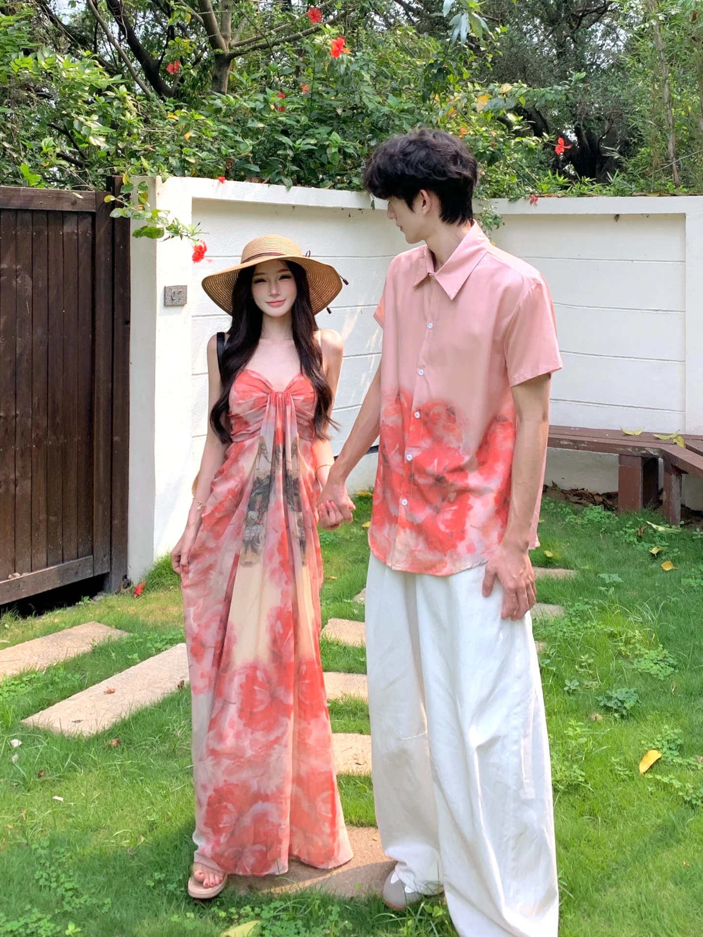 

Couple's Summer Beach Vacation Tie Dye Short Sleeve Dress Shirt Casual Youth Fashion Standard Fit French Style Beach Wind
