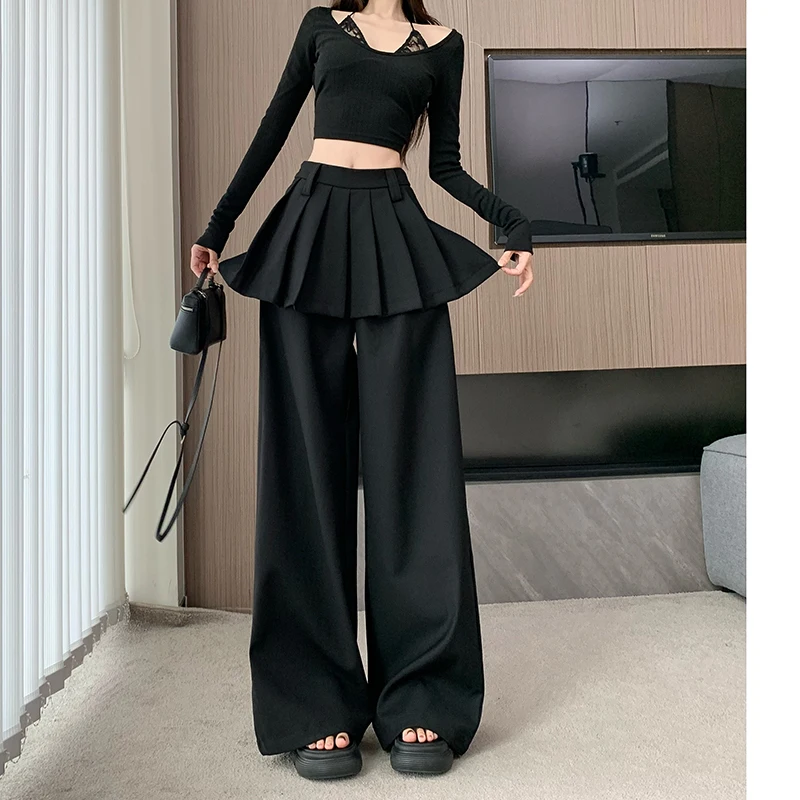 Wide Leg Casual Trousers Women Design Fake Two Pleated Skirt Pants Loose Black Pants Fashion Culottes Pantalones Mujer