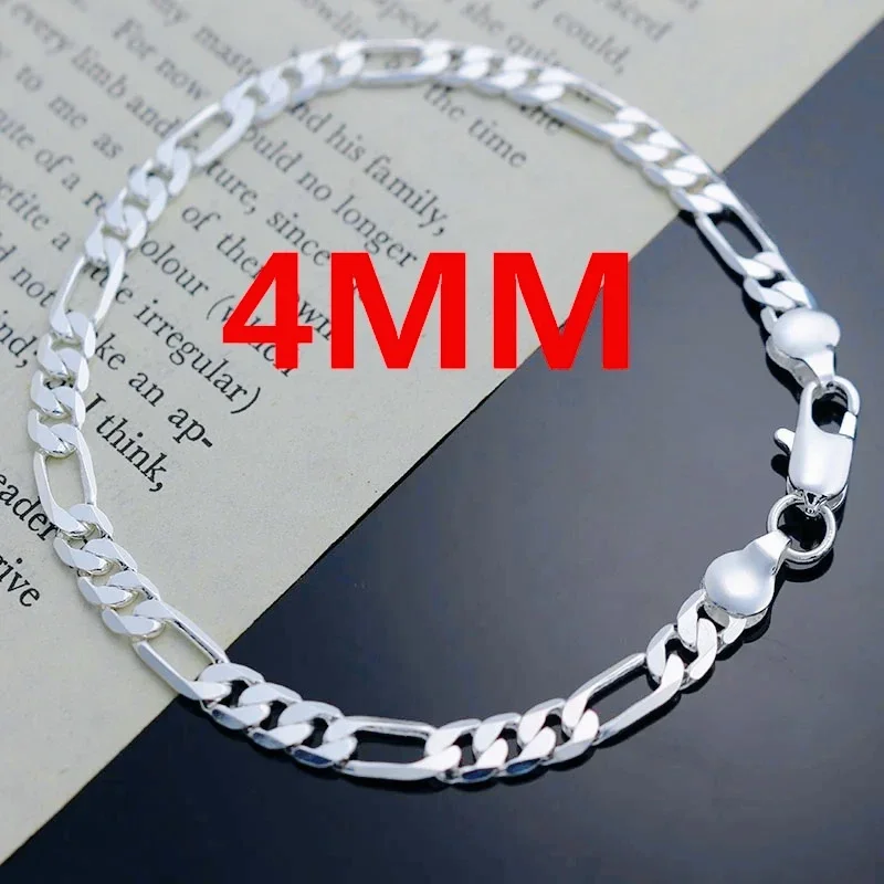 Cadena Charm de 4MM, pulsera de plata de ley 925 con color oro de 18K para mujeres y hombres, joyería fina para bodas, fiestas, regalos de Navidad