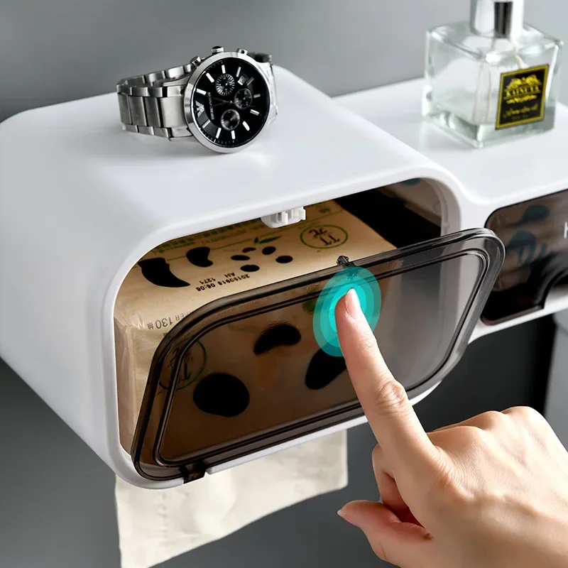 Bathroom Toilet Paper Holder Waterproof Wall-Mounted Tissue Box Multifunctional Storage Rack Roll Paper Storage Box