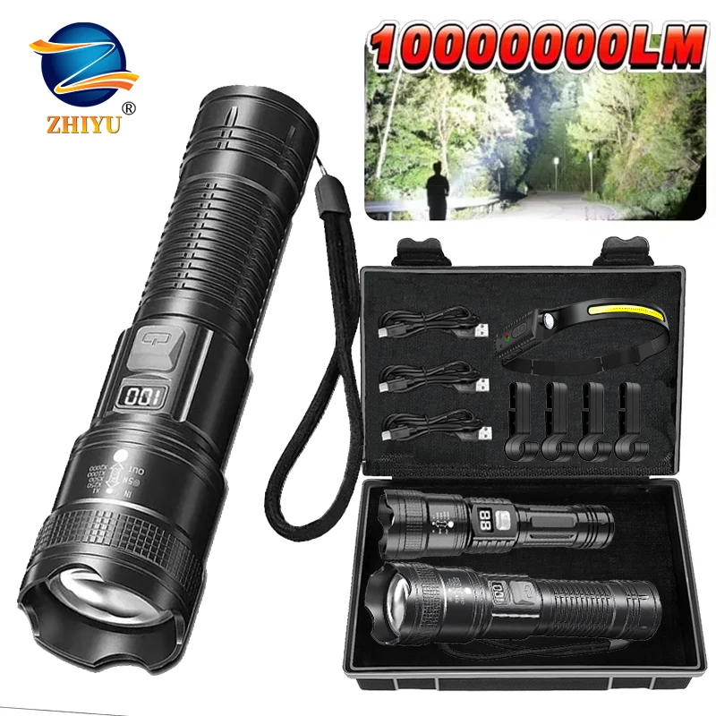 High Strong Power Led Flashlights 2000LM Tactical Torch with Display Light USB Charging Camping Fishing Emergency Zoom Lantern