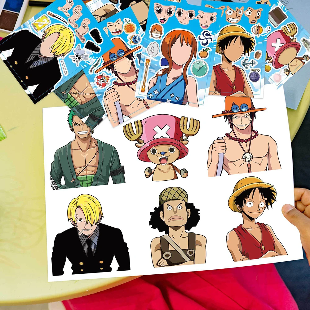 8/16Sheets Anime One Piece Puzzle Sticker Make a Face Game Kids DIY Assemble Jigsaw Cartoon Decals Educational Toy Children Gift