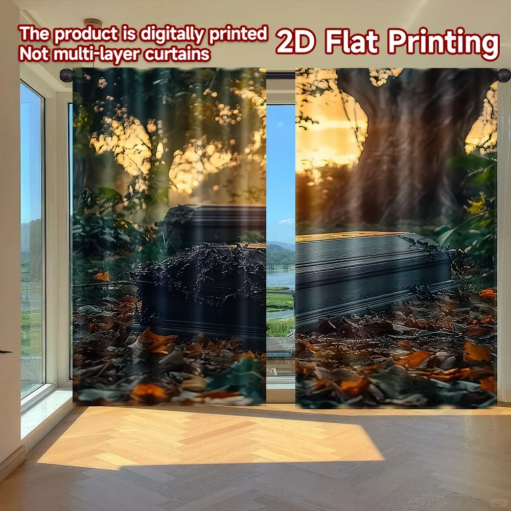 

2D flat printing 2pcs Drapes Creepy Autumn Sunrise Digital Printed Polyester Drapes Festive Wall Decor for Booths Studio
