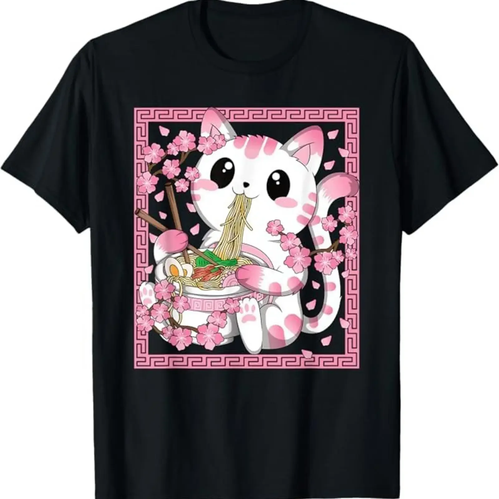Rosa Kawaii Katze Ramen Nudeln Anime Japanische Kirschblüte T-Shirt Vintage Gewaschen Weich Stilvoll Grafik Herren Dehnbar Lässig