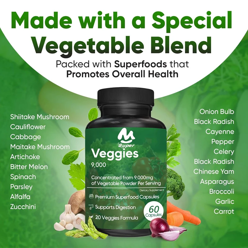 Improveyourdigestionandsupportyour immunesystem, containing 20 super vegetables, multifunctional vegetable supplements, 60 pills